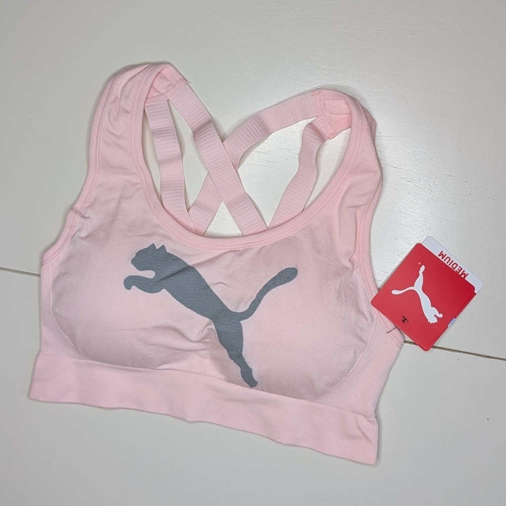 Puma Sports Bra Womens Medium Pink Seamless Crisscross Straps Padded Athletic